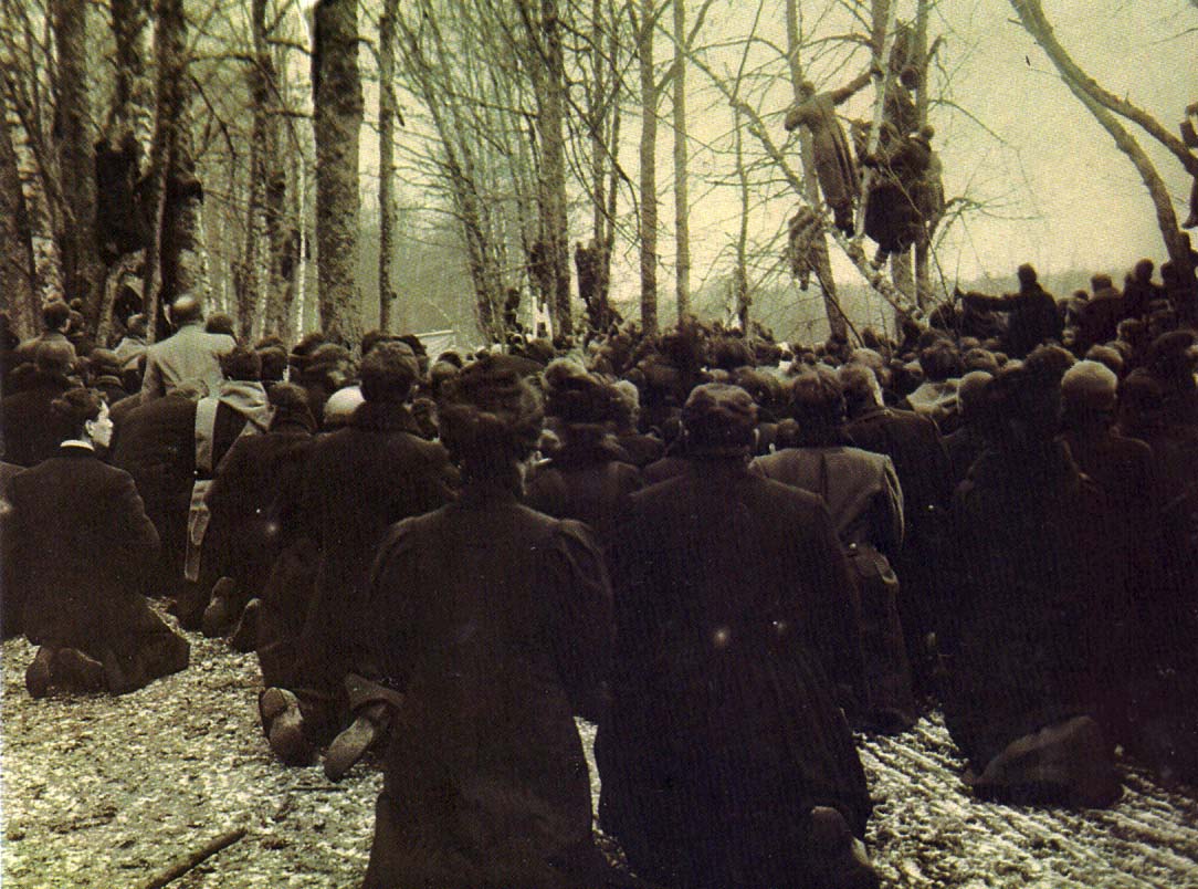 Погребение Л.Н. Толстого в лесу «Заказ». Коленопреклоненная толпа у могилы. Фотография А.И. Савельева. 9 ноября 1910 г.